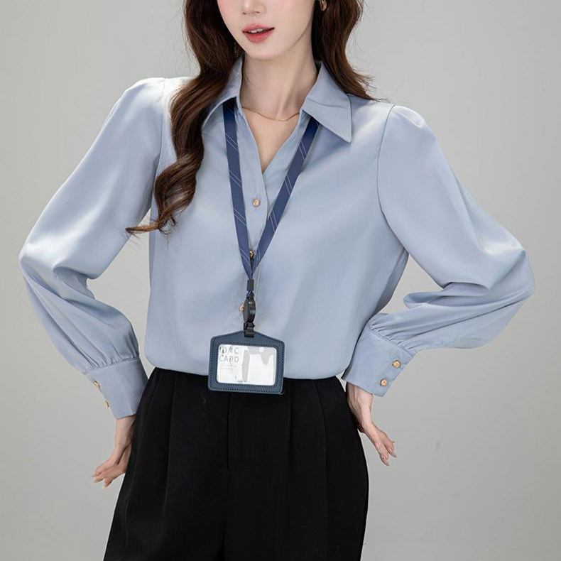 French-Style Blue V-Neck Gold-Button Long-Sleeve Shirt for Women, Spring and Autumn 2025 New Model, Interview Professional Niche Commuter Shirt