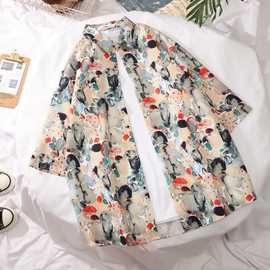 短袖树叶水果花衬衫港风美式vintage复古着男女泰国夏威夷ins衬衣