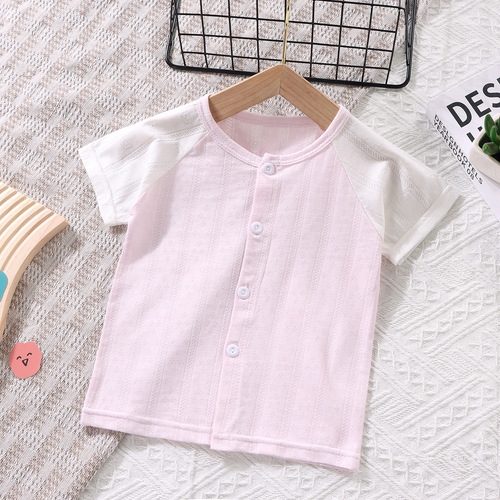 Children's Summer Short Sleeve Open Front Top for Boys and Girls, Thin T-shirt for Infants and Toddlers, Air-conditioned Room Single Sleepwear for 1-5 Years Old