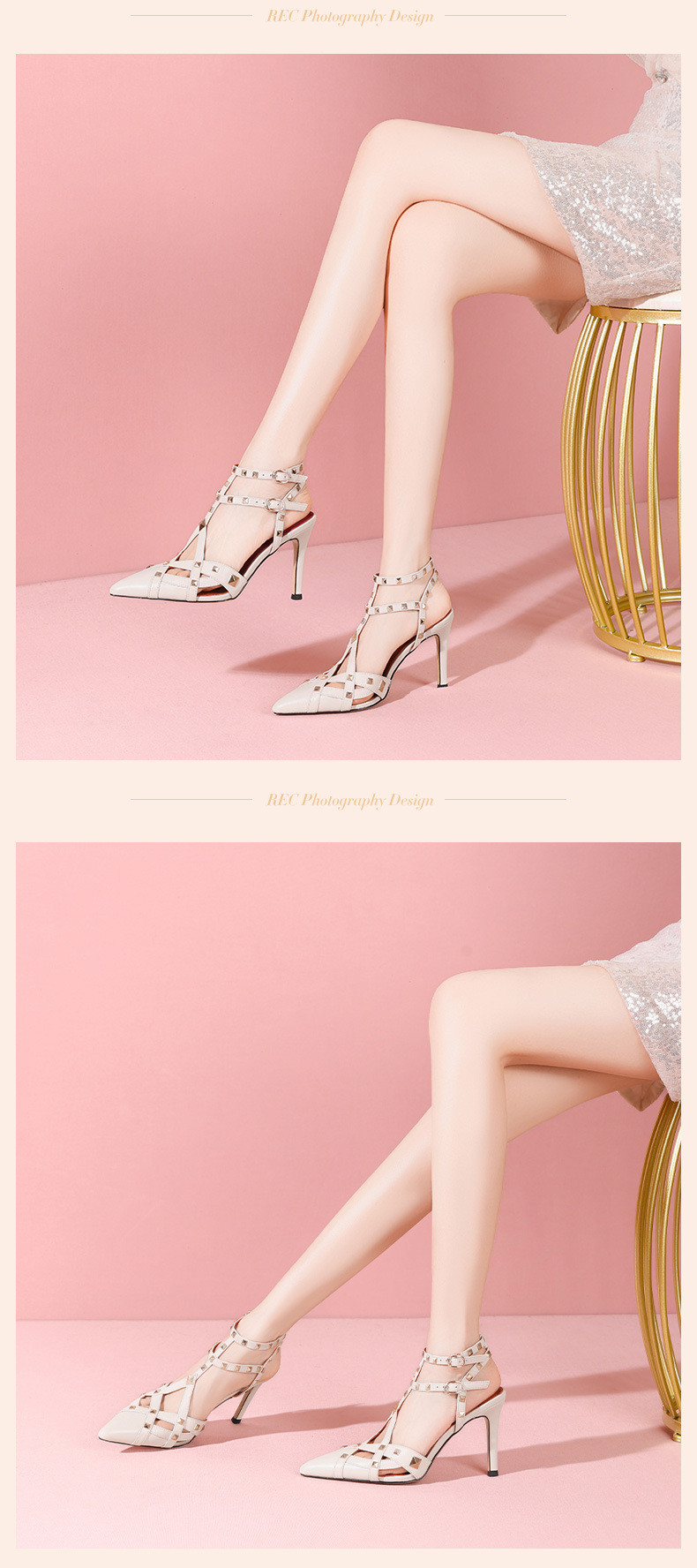 Sandal cao gót nữ mũi nhọn đinh tán da thật quai một chữ — Đen 7cm và cao chi tiết 7