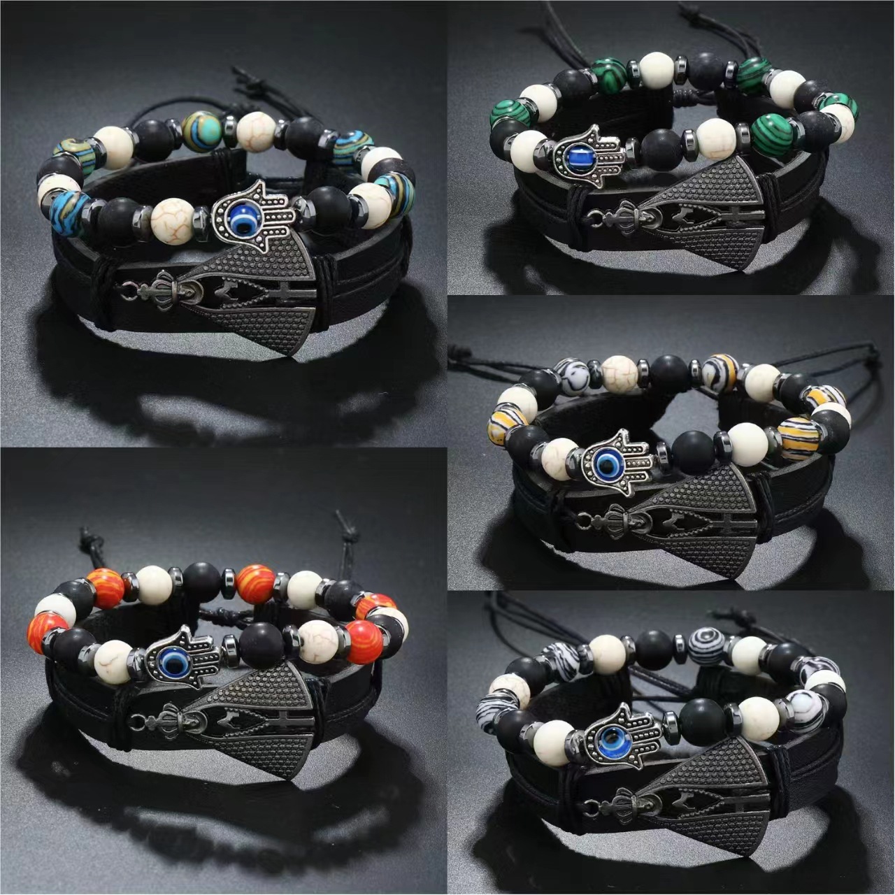 Retro Palm Pu Leather Tiger Eye Obsidian Unisex Bracelets display picture 1