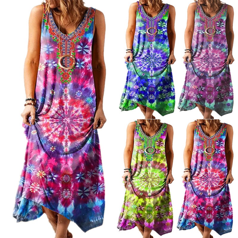 Cross-border vintage spiral tie-dye printed tank dress with embroidered neckline, loose-fitting and hip-covering holiday dress Cross-border vintage spiral tie-dye printed tank dress with embroidered neckline, loose-fitting and hip-covering holiday dress