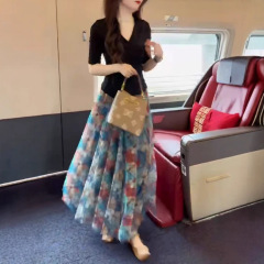 25195大愛美依縁2025新型不規則vネック交差半袖女性tシャツプリントスカートファッション
