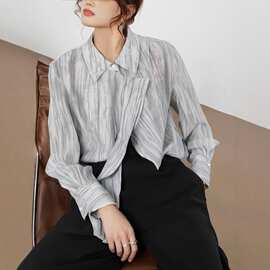 ELLE法式渐变水墨晕染亚麻衬衫女2025秋季新款高级感气质小众上衣