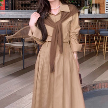 春装女2025年新款条纹衬衫连衣裙子春秋高级感小个子法式气质长裙