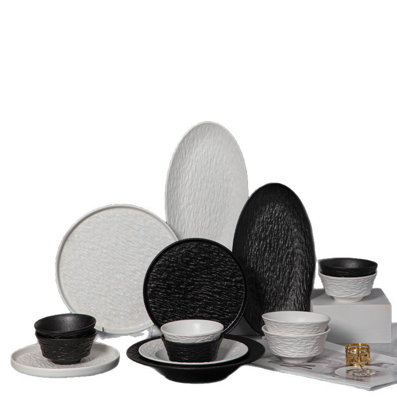 Juego de platos creativos de alta gama en blanco y negro japonés, platos transfronterizos, tazones de cerámica, platos occidentales, platos de fiador, vajillas de cerámica image 6