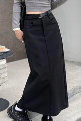 美式工装半身裙女春秋小个子西装半步裙高腰黑色开叉长裙子直销