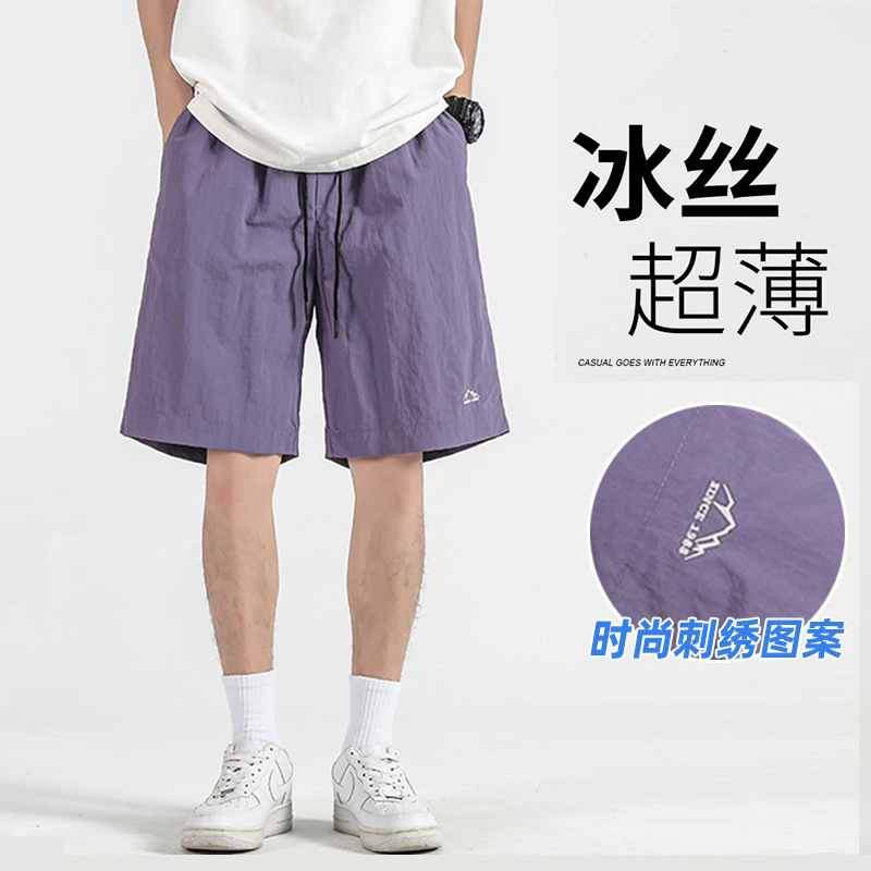 Ice Silk Casual Shorts Men's Summer Trendy Brand Loose Straight Tube Basketball Sports Beach Teenagers All-match Embroidered Pants