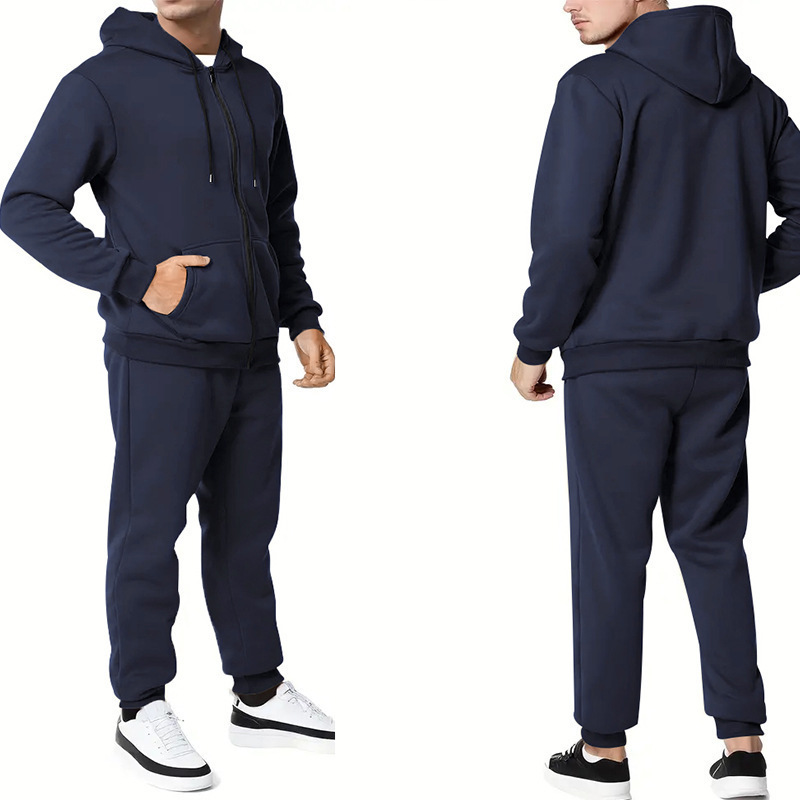 Transfronterizo Amazon nuevo chaqueta hombre otoño invierno pantalones casuales de dos piezas con cremallera encapuchada de color sólido Cardigan para hombres