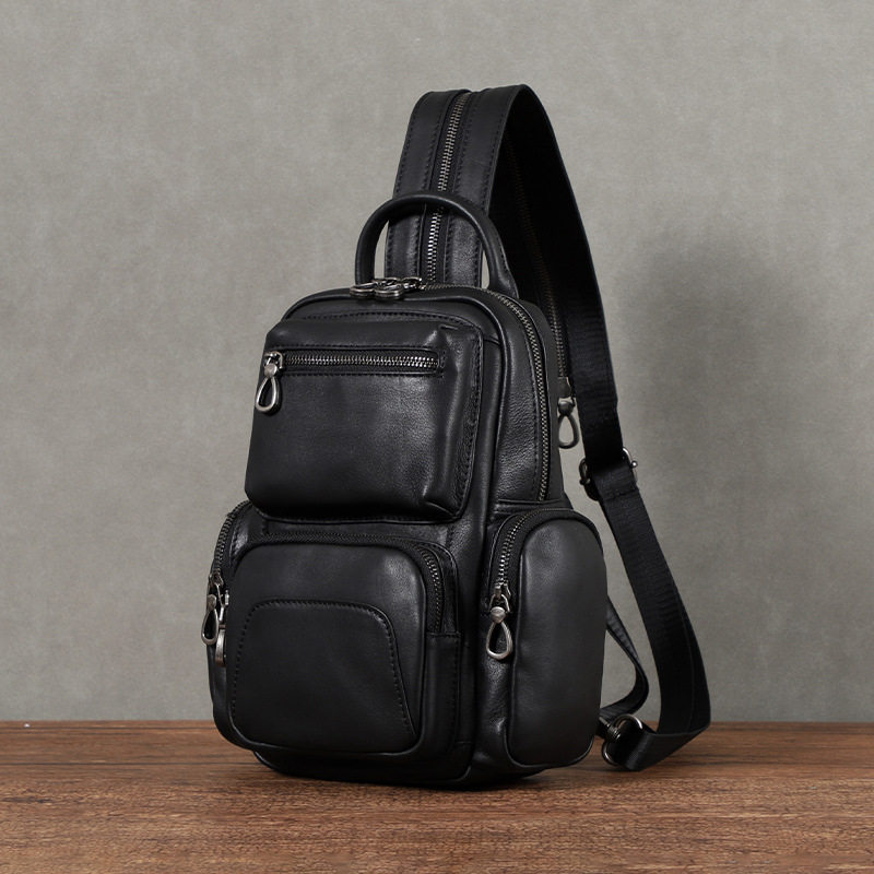 Túi đeo chéo nam da bò lớp đầu kiểu đeo ngực đa năng 22×12×28 cm — Màu đen