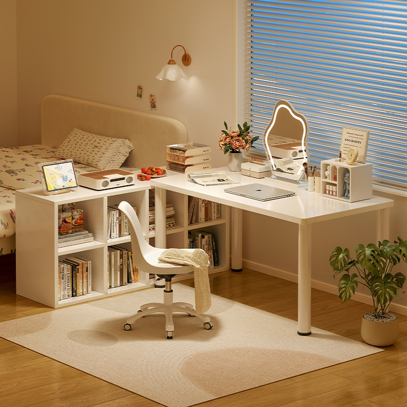 Mingzheng Furniture Factory Cream Style Corner Desk Student Home Study Desk Bookshelf Integrated Table Desktop Corner Hole