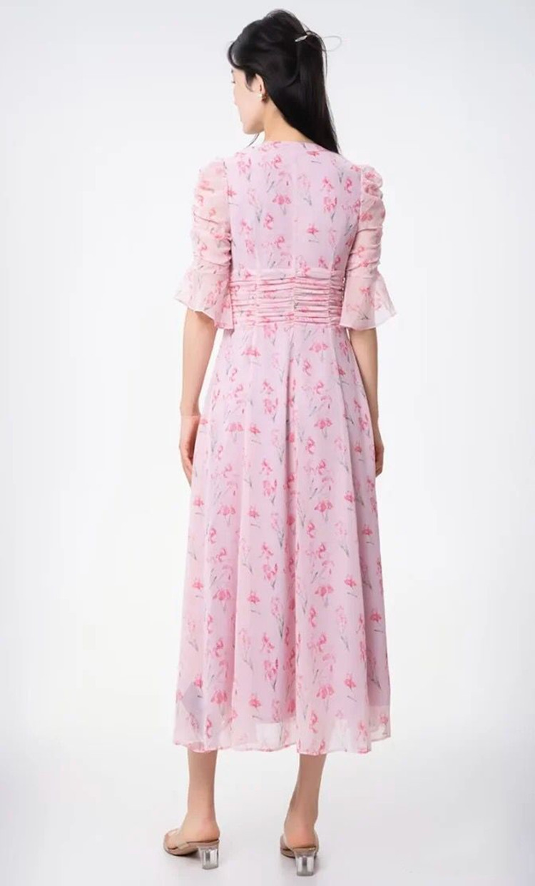 Đầm maxi nữ thắt eo họa tiết hoa nhí kiểu Pháp — Hồng anh đào mộng mơ chi tiết 3