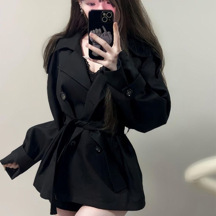 英伦风短款风衣黑色双排扣女小个子秋冬收腰小香风外套赫本风|undefined