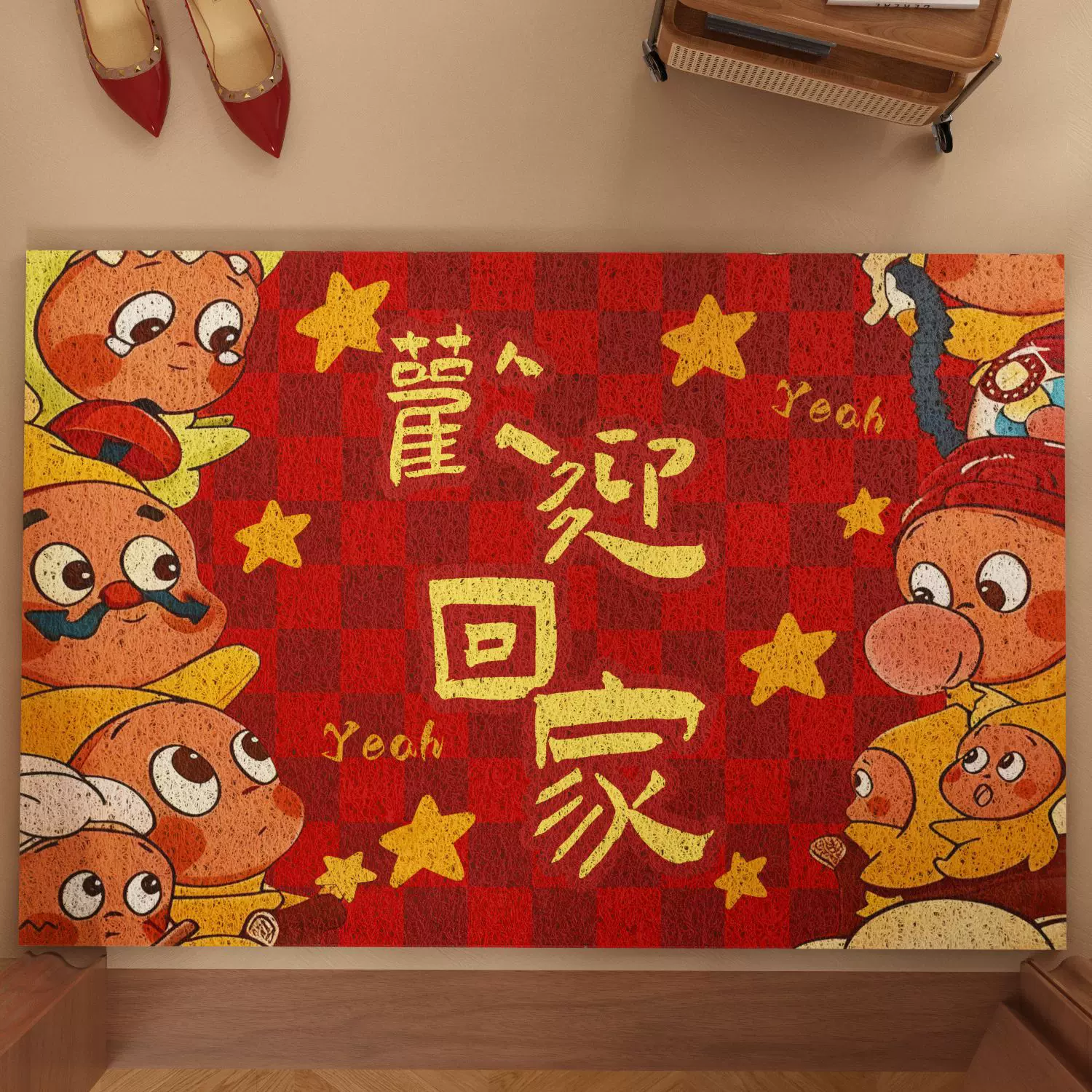 卡通星星人入户门地垫喜庆红色pvc丝圈地垫免洗耐脏门口进门脚垫