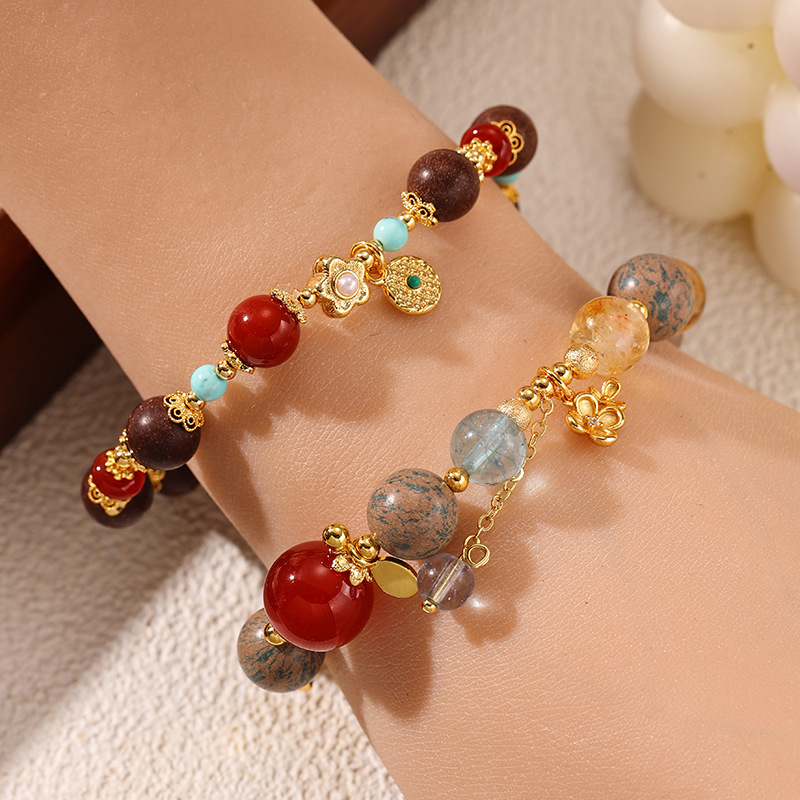 Nuevo estilo chino de perlas de ágata rojo amarillo cristal de cristal de azul azul imitación de piedra turquesa natural pulsera de cuentas pulsera de pulsera mujer