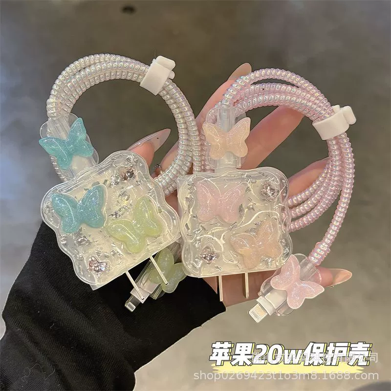 Цветной чехол-бабочка из эпоксидной смолы для Apple 15 с быстрой зарядкой 20 Вт, защитный чехол, защита от повреждений от кабеля