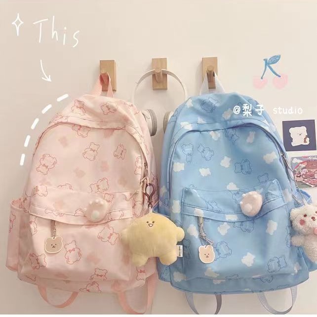 Korean-style teddy bear cartoon print backpack, Harajuku ulzzang Japanese style, versatile soft girl backpack, girly backpack.