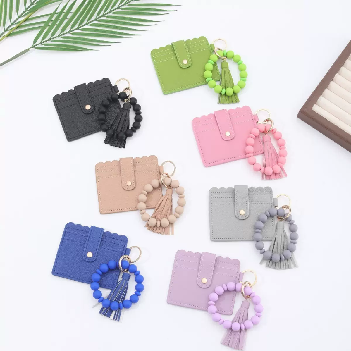 欧美多色可选硅胶珠手串钥匙扣卡套多功能卡包PU流苏钱包批发