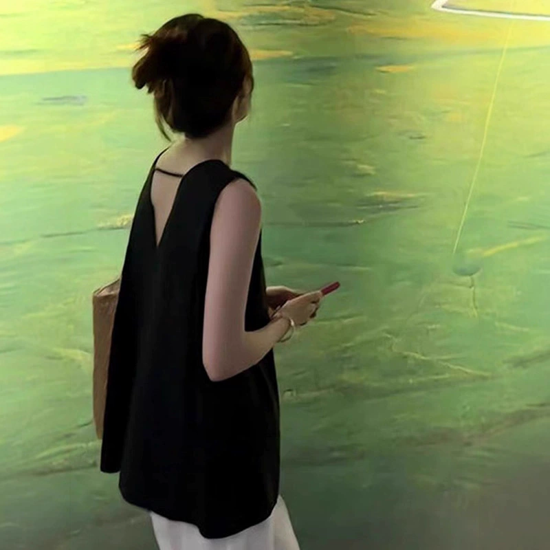 Женский жилет-рубашка, стиль старых денег, французский темперамент, черный V-образный вырез, топ без рукавов с открытой спиной, верхняя одежда, летняя рубашка-бебидолл.
