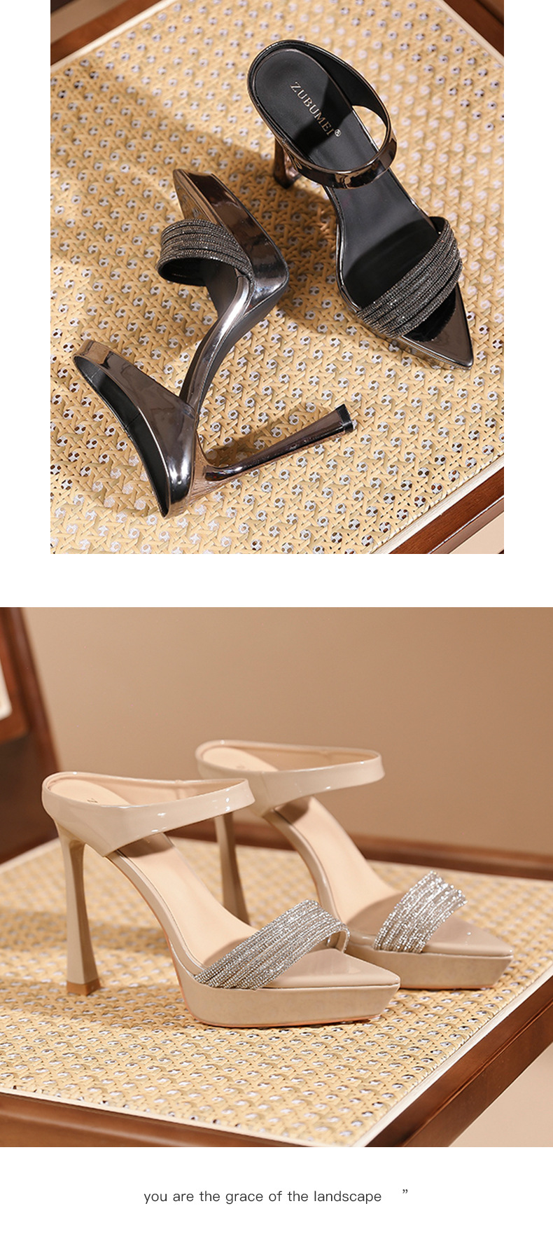 Sandal cao gót nữ mũi nhọn quai một dây đính đá, gót 12 cm — Màu nude-12cm chi tiết 8