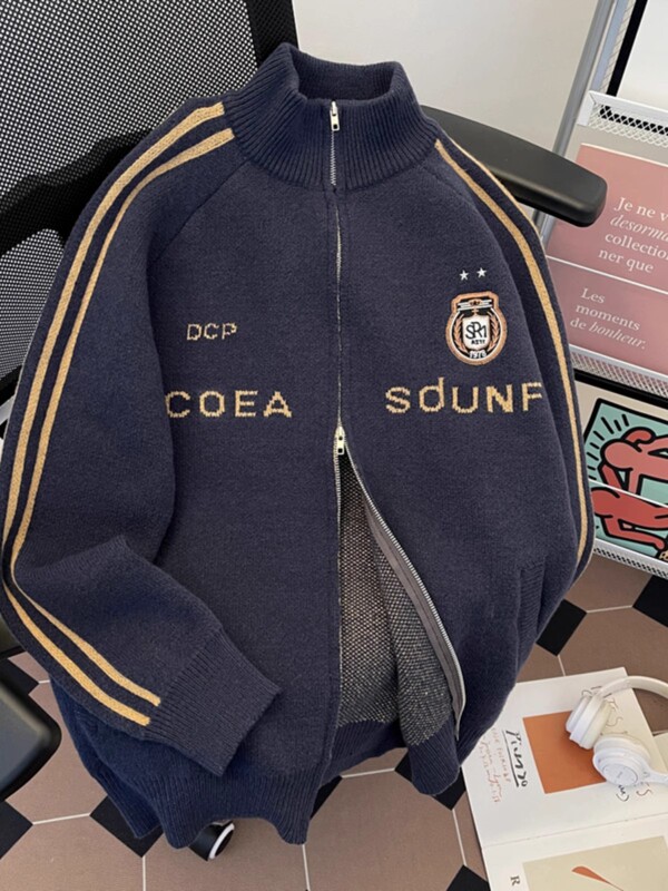 American Style Vintage Embroidered Knitwear Sweater Men's Autumn and Winter Fashionable Zipper Cardigan Loose Lazy Style Couple's Jacket