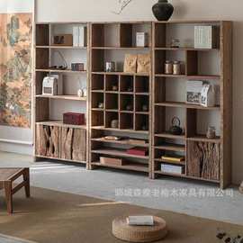 诧寂风实木博古架简约收纳展示柜茶具老榆木置物架中式民宿茶室架