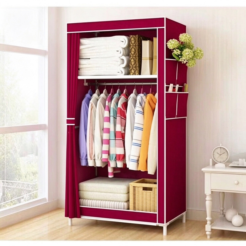 Simple wardrobe for home use in the bedroom, assembled fabric wardrobe, durable and sturdy, suitable for rental housing, economical storage cabinet