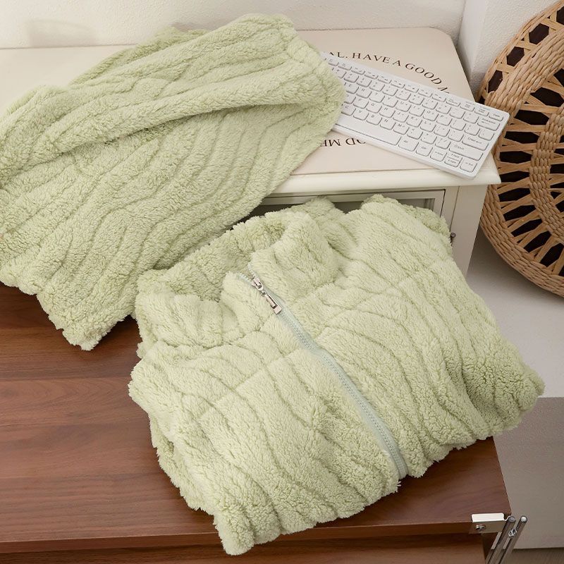 Pijamas de invierno con cremallera al por mayor transfronterizos de 300g de peluche de coral grueso de color sólido conjunto de ropa para el hogar