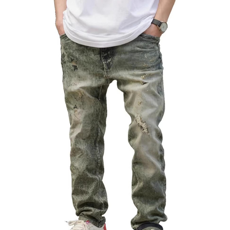 Men's Slim Fit Distressed Vintage-Style Stretch Cotton-Blend Comfortable Biker Jeans