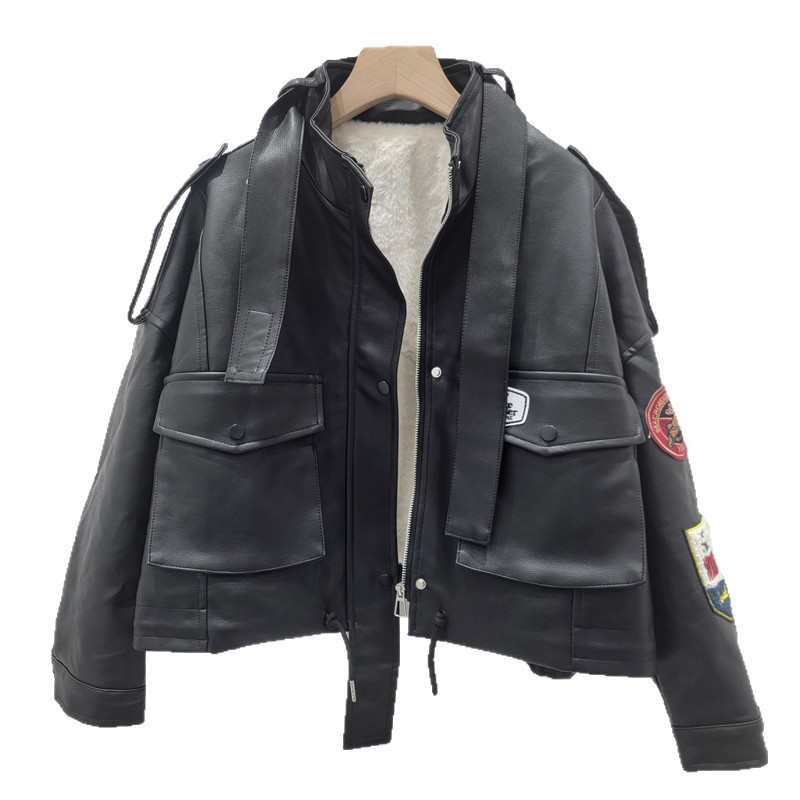 Negro engrosado locomotora pu abrigo de algodón de piel mujer 2025 invierno nuevo diseño suelto chaqueta de cuero corta