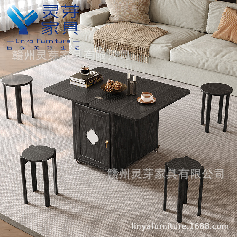 블랙 (접이식 테이블 겸 티 테이블 + 4-in-1 쌓기 의자) 전체 원목