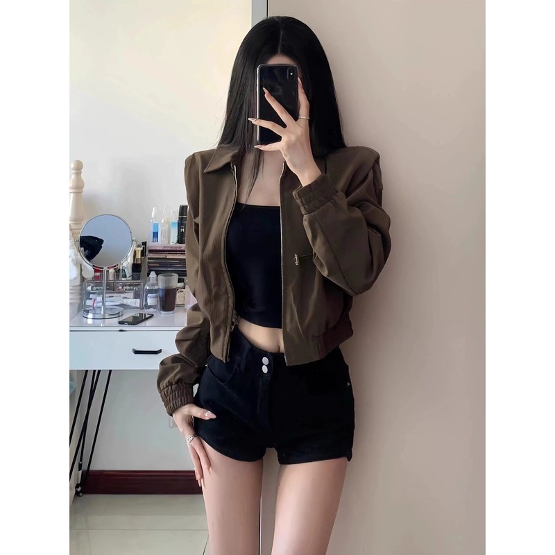 2025秋季新款棕色美式复古短款外套女美拉德穿搭休闲夹克机车上衣|undefined