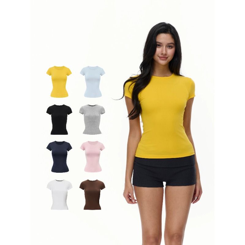 Spring and Summer Regular Shoulder Sports Short-Sleeve T-Shirt Slim Fit Slimming Base Shirt Top Spring and Summer Regular Shoulder Sports Short-Sleeve T-Shirt Slim Fit Slimming Base Shirt Top