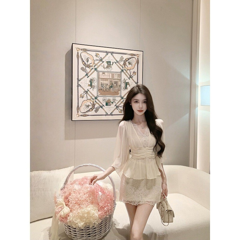 New Arrival Price 6/3【Gentle Gauze】New Summer Dress Elegant Style Waist-Cinching Top Lace Trim Chiffon Blouse for Women