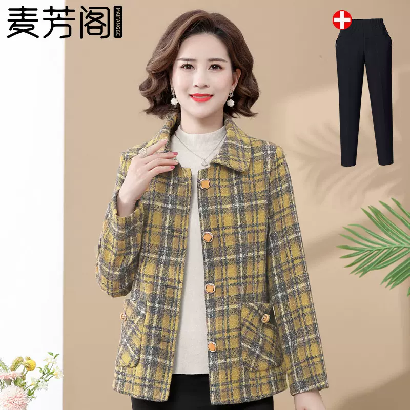 妈妈春装洋气外套中老年人女春秋高贵上衣中年女士格子小西装外套