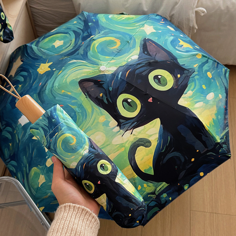 Green Van Gogh Cartoon Cat Folding Umbrella Sun Protection UV Protection Rain Protection Dual-use Sun Umbrella Student Portable Umbrella Green Van Gogh Cartoon Cat Folding Umbrella Sun Protection UV Protection Rain Protection Dual-use Sun Umbrella Student Portable Umbrella
