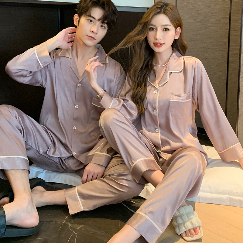 Spring and Autumn Pajamas Ice Silk Women's Long-sleeved Thin Cardigan Men's Jacquard Simulation Silk Autumn and Winter High-end Suit