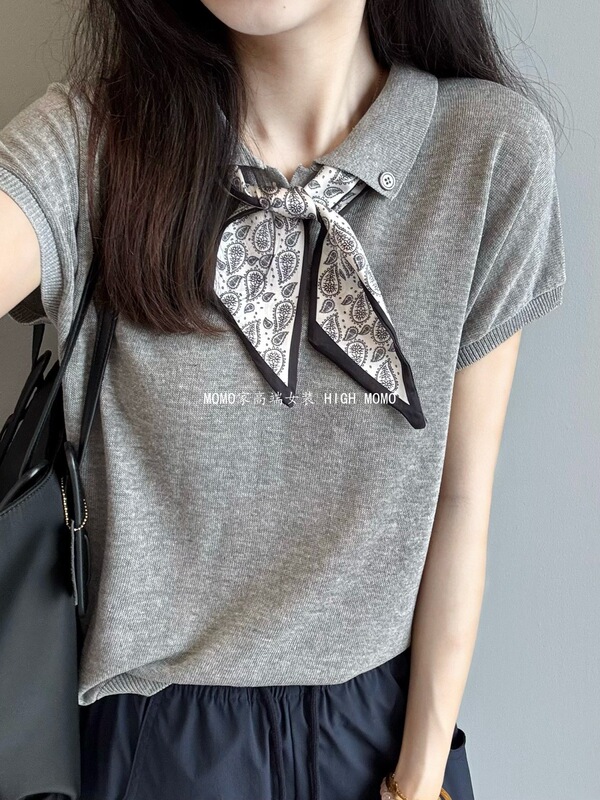 テンセル麻ニット半袖Tシャツ レディース エレガント MIU風 シルクスカーフ付き ポロ襟 涼しく快適 着痩せ効果のあるトップス|undefined