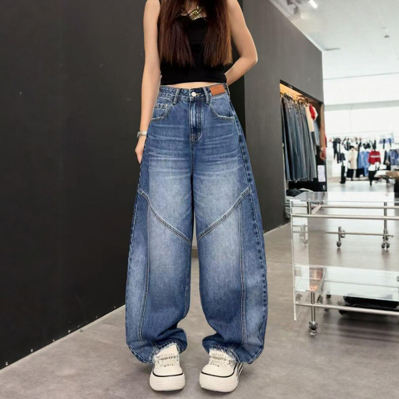 大码阔腿牛仔裤女秋季2025新款梨型身材胖mm显瘦宽松美式直筒裤子|undefined
