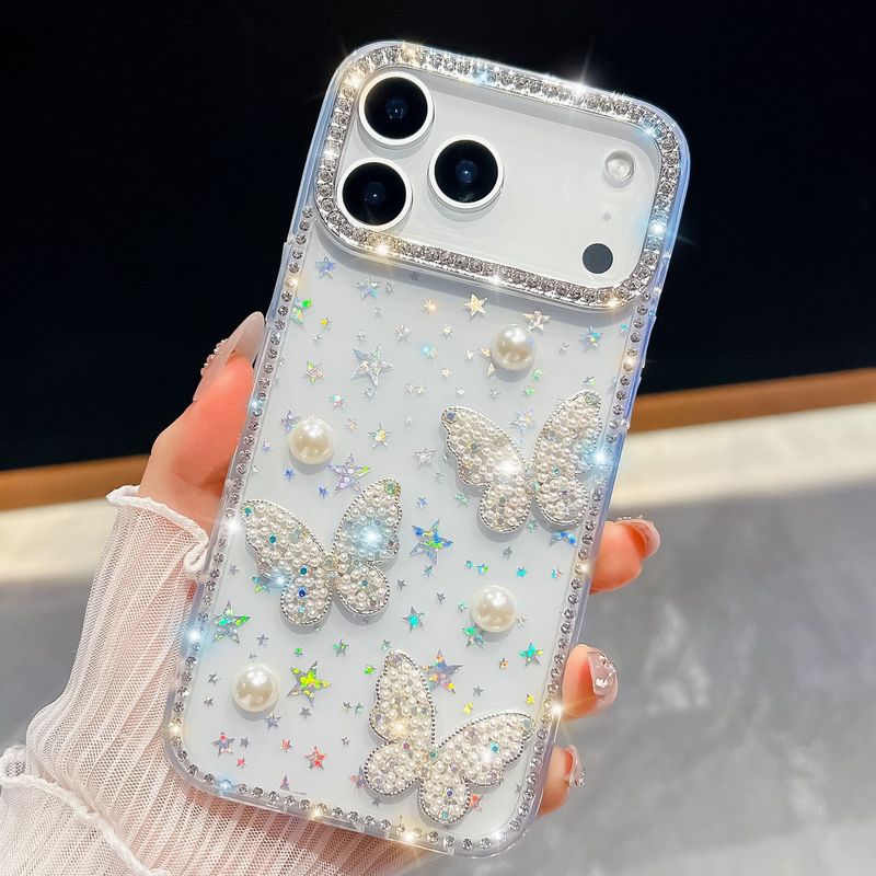 闪粉珍珠蝴蝶适用iPhone17Air苹果16E手机壳15promax奢华闪钻跨境|undefined