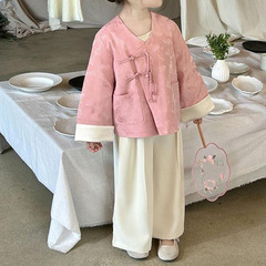 女童新中式旗袍上衣套裝2024春季新款復古寶寶盤扣外套童裝春裝