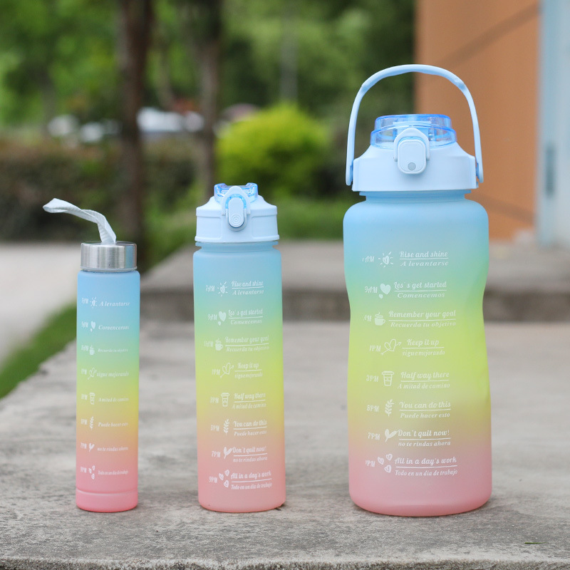 Botella deportiva degradada de gran capacidad – con pajilla y tapa, set de 3 piezas