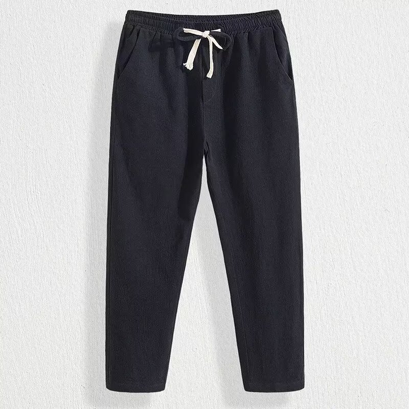 Summer Men's Linen Cropped Pants Loose Straight Casual Pants 9-Point Cotton Linen Pants Ice Silk Trendy Pants