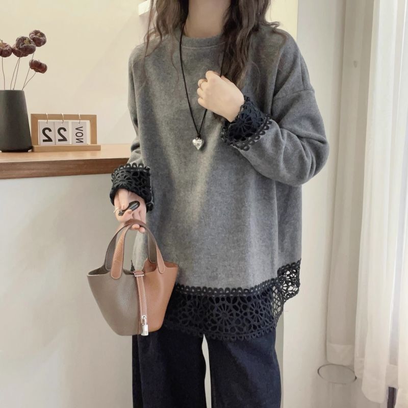 Plus Size Double-Sided Velvet Lace Splicing Long-Sleeved Tops for Women Autumn and Winter 2025 New Loose Slimming Look Bottoming Shirts for Women Plus Size Double-Sided Velvet Lace Splicing Long-Sleeved Tops for Women Autumn and Winter 2025 New Loose Slimming Look Bottoming Shirts for Women