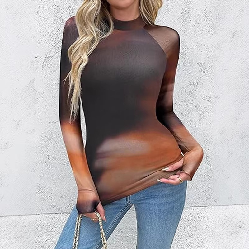Cross-Border Women's Long-Sleeved Shirt, Floral Mesh Transparent Top, Slim Fit Going Out Shirt, Elegant Slimming Mesh Top Cross-Border Women's Long-Sleeved Shirt, Floral Mesh Transparent Top, Slim Fit Going Out Shirt, Elegant Slimming Mesh Top