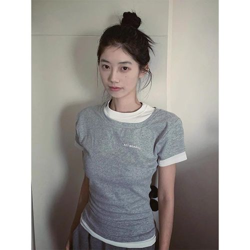 Women's Sweet and Spicy Collared Short-Sleeve T-Shirt with Contrast Color and Front Print, 260g Modal/Cotton Blend