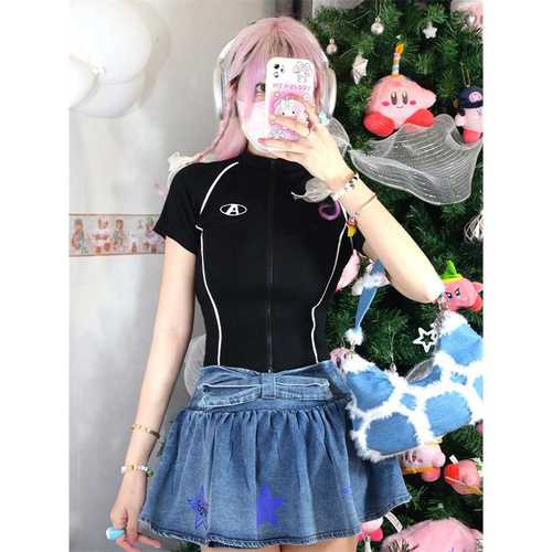 Cross-border wholesale hot girl figure-hugging black zipper short-sleeve top versatile new white line slimming T-shirt