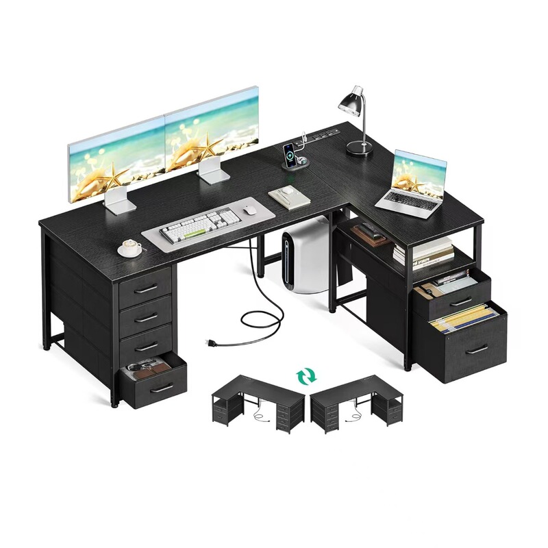 Home Corner Desk with Drawers and Power Outlets, Computer Desk, Writing Desk, Assembled Multi-Drawer Layered Desk