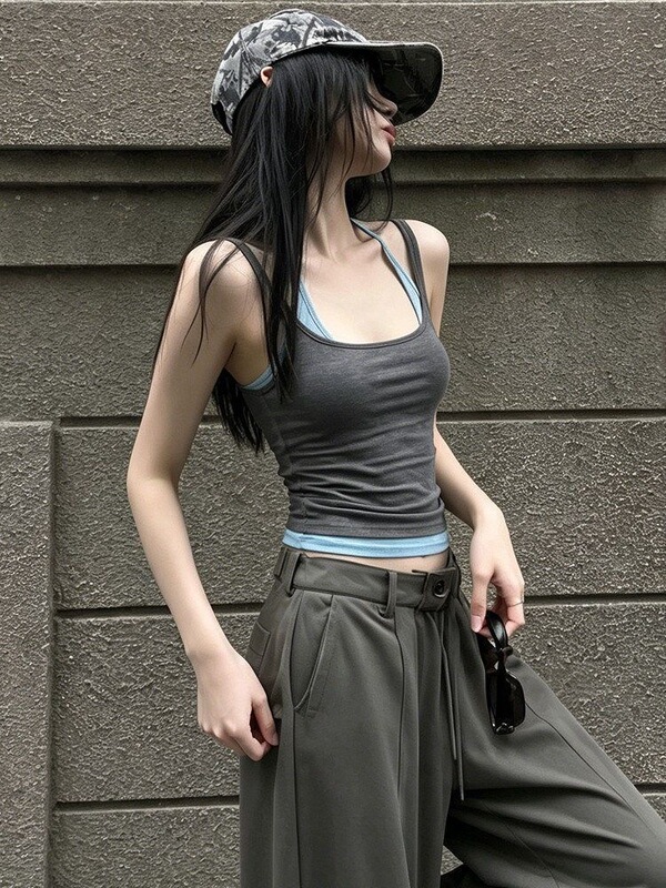 【Rayon Modal*Customizable】Fake Two-Piece Halter Neck Sleeveless Camisole Women's Summer Top