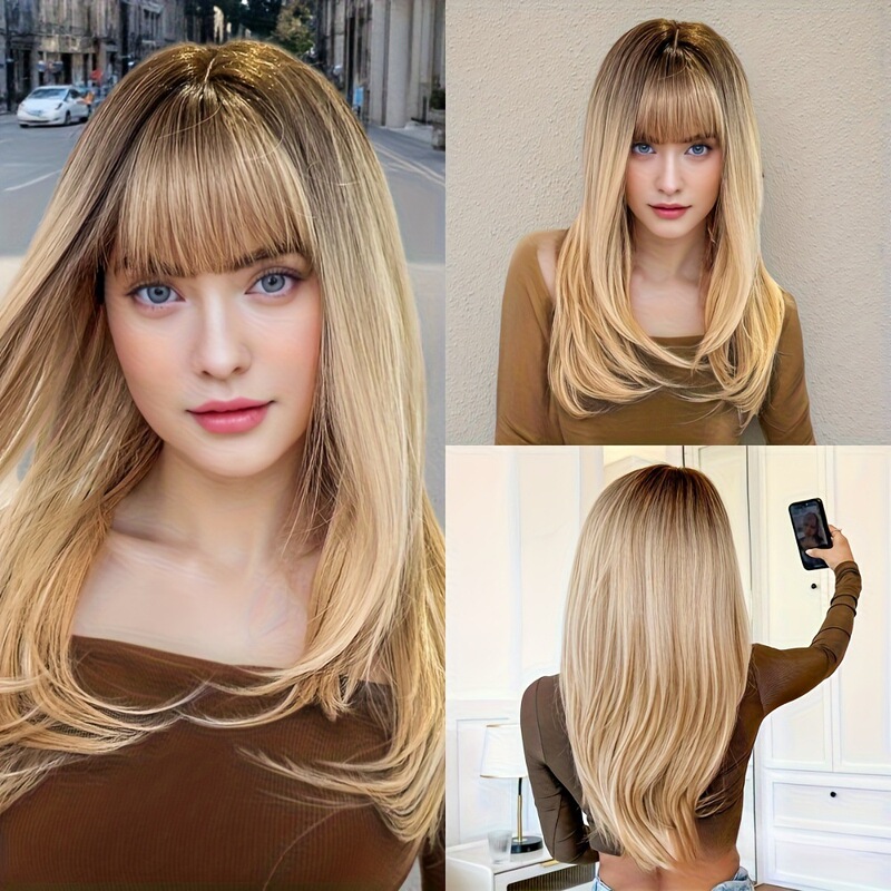 Gradient Golden Slightly Curly Wig Fluffy Bangs Chemical Fiber Machine-Made Wig Headgear European and American Export Cross-Border Wigs Gradient Golden Slightly Curly Wig Fluffy Bangs Chemical Fiber Machine-Made Wig Headgear European and American Export Cross-Border Wigs